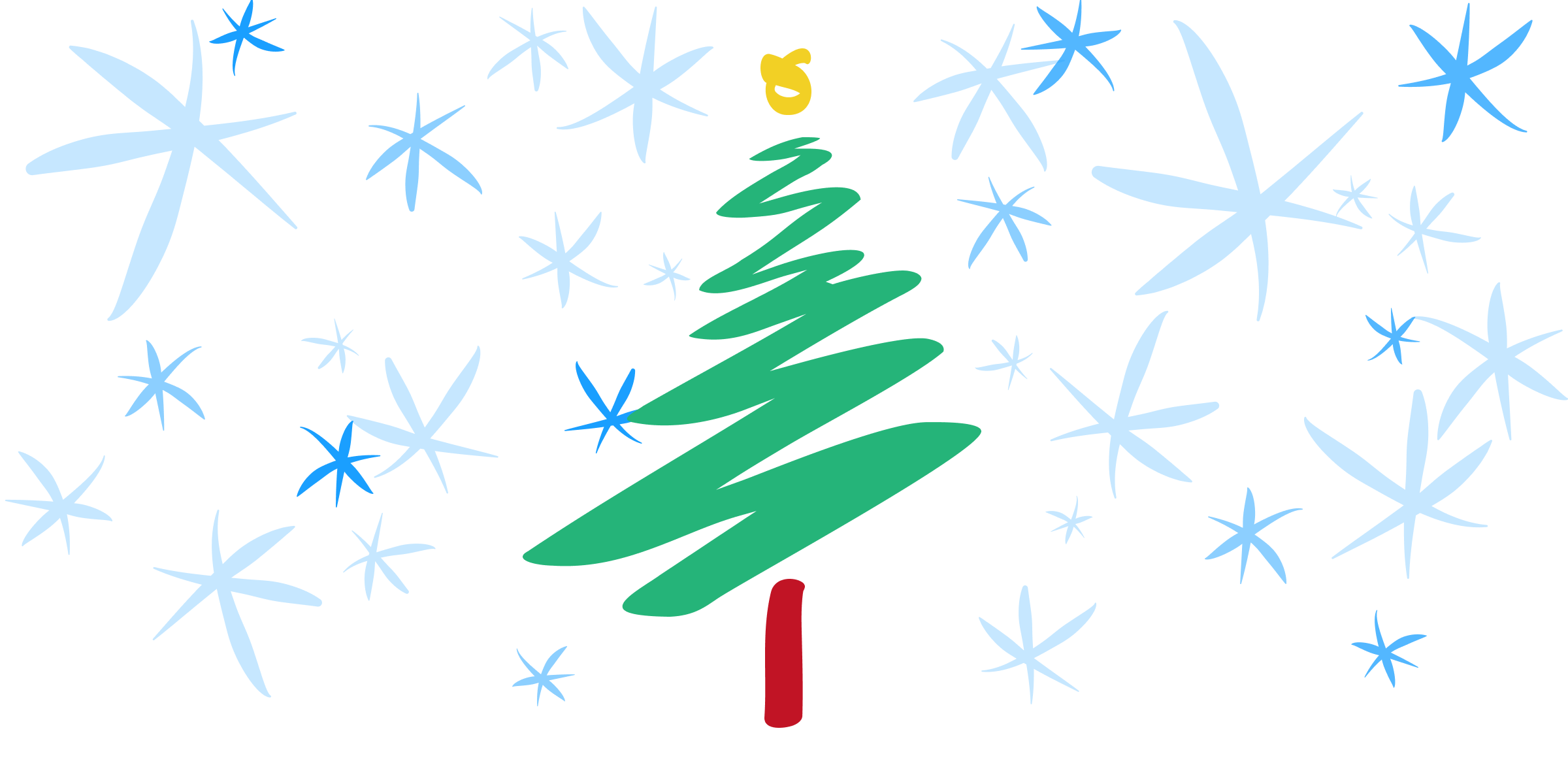 A hand-drawn Christmas tree with blue snowflakes around it